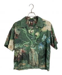 UNUSED（アンユーズド）の古着「Van Gogh Museum Small Bottle with Peonies and Blue Delphinums 総柄シャツ　オープンカラーシャツ　開襟シャツ　半袖シャツ　レーヨンシャツ」｜グリーン