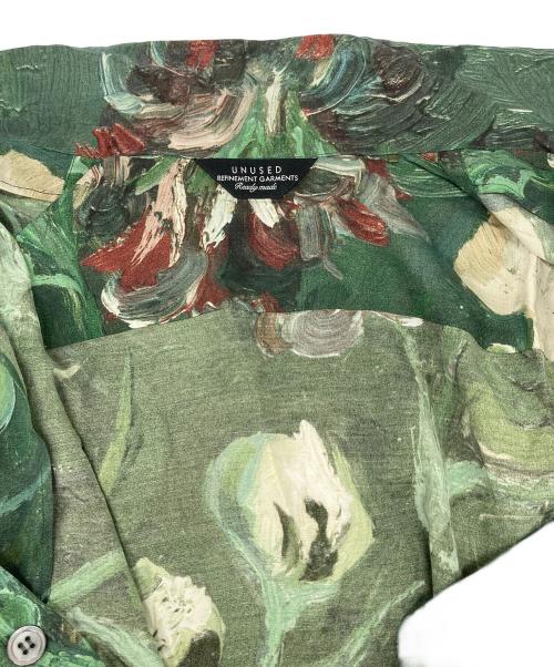 UNUSED（アンユーズド）UNUSED Van Gogh Museum Small Bottle with Peonies and Blue Delphinums 総柄シャツ　オープンカラーシャツ　開襟シャツ　半袖シャツ　レーヨンシャツ グリーン サイズ:2の古着・服飾アイテム