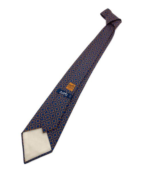 HERMES（エルメス）HERMES (エルメス) ネクタイ　総柄　フランス製 ネイビー×オレンジ サイズ:実寸参照の古着・服飾アイテム