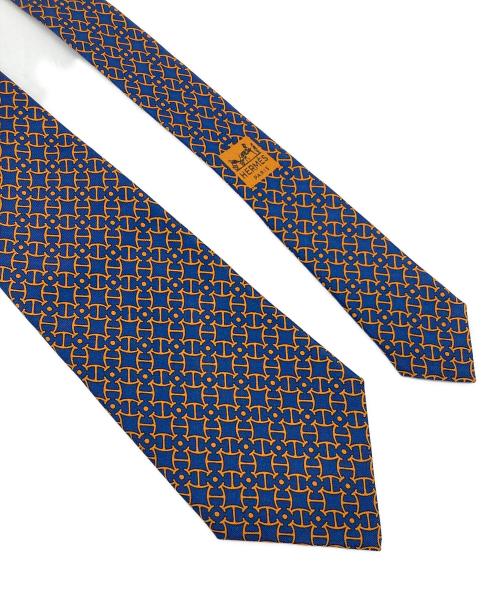 HERMES（エルメス）HERMES (エルメス) ネクタイ　総柄　フランス製 ネイビー×オレンジ サイズ:実寸参照の古着・服飾アイテム