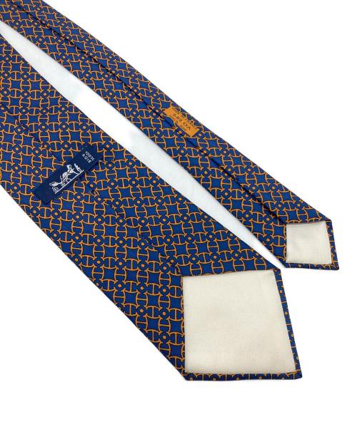 HERMES（エルメス）HERMES (エルメス) ネクタイ　総柄　フランス製 ネイビー×オレンジ サイズ:実寸参照の古着・服飾アイテム