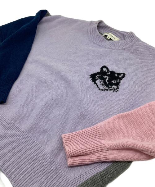 maison kitsune（メゾンキツネ）MAISON KITSUNE (メゾンキツネ) フォックスヘッド インターシャ コンフォート カラーブロック ジャンパー パープル サイズ:XSの古着・服飾アイテム