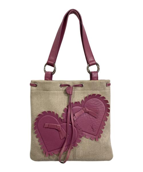Yves Saint Laurent（イヴサンローラン）Yves Saint Laurent (イヴサンローラン) リヴゴーシュ ハート モチーフ レザー キャンバス トート バッグ ベージュ×ピンク サイズ:実寸参照の古着・服飾アイテム