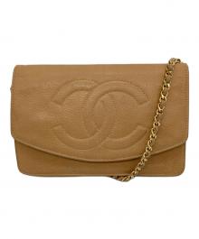 CHANEL（シャネル）の古着「キャビアスキン チェーンウォレット バッグ　ミニバッグ　ショルダーバッグ　セレモニー」｜ベージュ