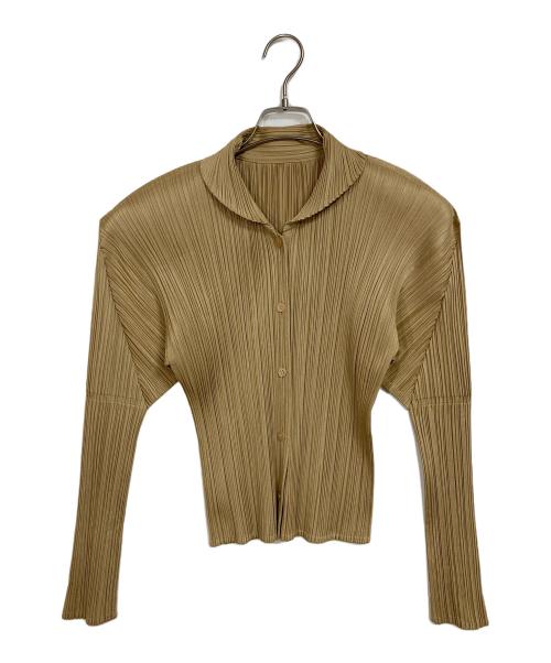 PLEATS PLEASE（プリーツプリーズ）PLEATS PLEASE (プリーツプリーズ) オブロング・カラープリーツカーディガン　デザインカーディガン　デザイントップス　日本製 ベージュ サイズ:4の古着・服飾アイテム