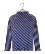PLEATS PLEASEプリーツプリーズ）の古着「RIB PLEATS FEBRUARY  リブプリーツフェブラリー  ロングスリーブカットソー　ハイネックカットソー　デザイントップス　日本製」｜ベージュ×ブルー