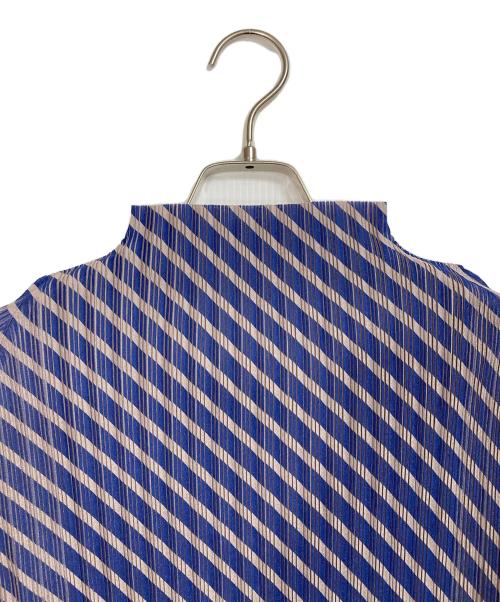 PLEATS PLEASE（プリーツプリーズ）PLEATS PLEASE (プリーツプリーズ) RIB PLEATS FEBRUARY  リブプリーツフェブラリー  ロングスリーブカットソー　ハイネックカットソー　デザイントップス　日本製 ベージュ×ブルー サイズ:03の古着・服飾アイテム