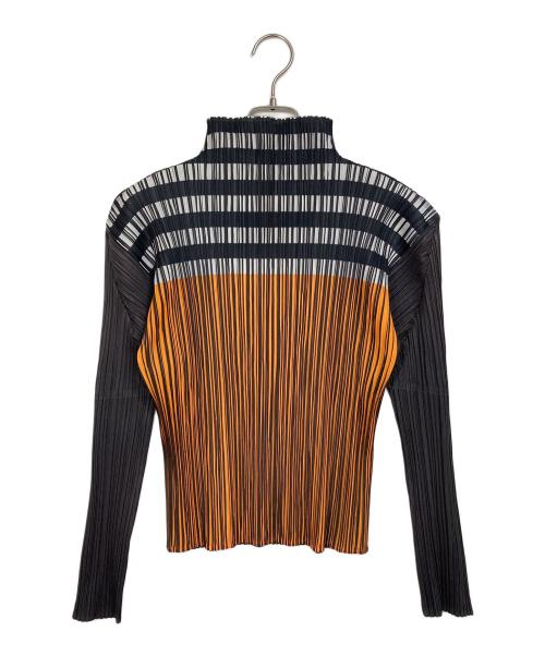 PLEATS PLEASE（プリーツプリーズ）PLEATS PLEASE (プリーツプリーズ) ボーダープリーツカットソー　ロングスリーブカットソー　ハイネックカットソー　デザインカットソー　日本製 グレー×オレンジ サイズ:3の古着・服飾アイテム