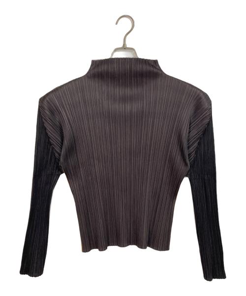 PLEATS PLEASE（プリーツプリーズ）PLEATS PLEASE (プリーツプリーズ) ボーダープリーツカットソー　ロングスリーブカットソー　ハイネックカットソー　デザインカットソー　日本製 グレー×オレンジ サイズ:3の古着・服飾アイテム