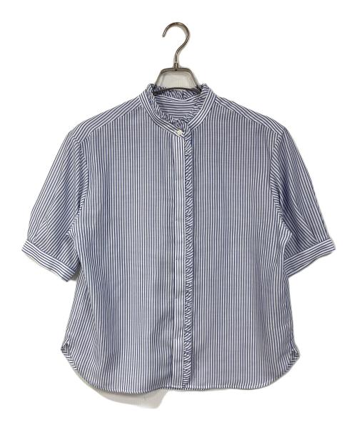 UNTITLED（アンタイトル）UNTITLED (アンタイトル) 接触冷感スタンドカラーフリルブラウス ブルー×ホワイト サイズ:2の古着・服飾アイテム