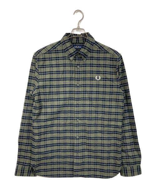 FRED PERRY（フレッドペリー）FRED PERRY (フレッドペリー) Brushed Oxford Tartan Shirt  ブラッシュドオックスフォードタータンシャツ　長袖シャツ　チェックシャツ　ワンポイント刺繍 カーキ サイズ:Mの古着・服飾アイテム