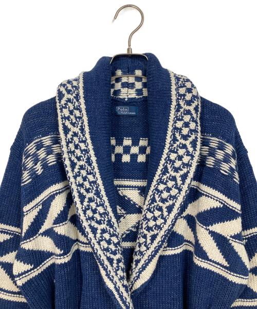 POLO RALPH LAUREN（ポロ・ラルフローレン）POLO RALPH LAUREN (ポロ・ラルフローレン) ネイティブ柄ベルテッドショールカラーカーディガン ネイビー×ホワイト サイズ:実寸参照の古着・服飾アイテム