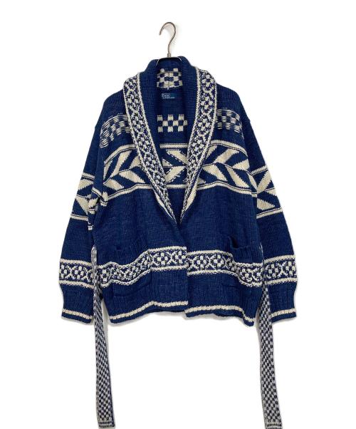 POLO RALPH LAUREN（ポロ・ラルフローレン）POLO RALPH LAUREN (ポロ・ラルフローレン) ネイティブ柄ベルテッドショールカラーカーディガン ネイビー×ホワイト サイズ:実寸参照の古着・服飾アイテム