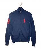 POLO RALPH LAURENポロ・ラルフローレン）の古着「エルボーパッチ ビッグポニードライバーズニット　カーディガン　ポニー刺繍　ダブルジップ」｜ネイビー