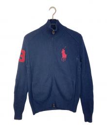 POLO RALPH LAUREN（ポロ・ラルフローレン）の古着「エルボーパッチ ビッグポニードライバーズニット　カーディガン　ポニー刺繍　ダブルジップ」｜ネイビー