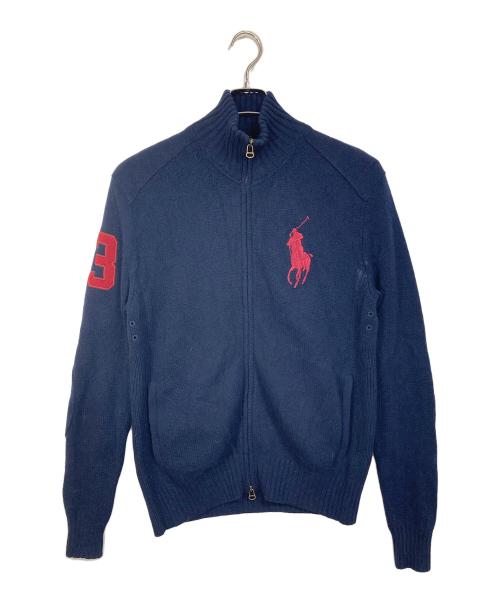 POLO RALPH LAUREN（ポロ・ラルフローレン）POLO RALPH LAUREN (ポロ・ラルフローレン) エルボーパッチ ビッグポニードライバーズニット　カーディガン　ポニー刺繍　ダブルジップ ネイビー サイズ:Mの古着・服飾アイテム