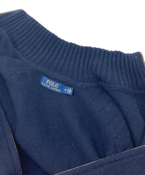 POLO RALPH LAUREN（ポロ・ラルフローレン）POLO RALPH LAUREN (ポロ・ラルフローレン) エルボーパッチ ビッグポニードライバーズニット　カーディガン　ポニー刺繍　ダブルジップ ネイビー サイズ:Mの古着・服飾アイテム