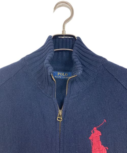 POLO RALPH LAUREN（ポロ・ラルフローレン）POLO RALPH LAUREN (ポロ・ラルフローレン) エルボーパッチ ビッグポニードライバーズニット　カーディガン　ポニー刺繍　ダブルジップ ネイビー サイズ:Mの古着・服飾アイテム