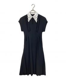 Mame Kurogouchi（マメクロゴウチ）の古着「Back Satin Crepe Georgette Embroidered Collar Flared Dress  バックサテンクレープジョーゼットエンブロイダリーカラーフレアドレス  ロングドレス　ロングワンピース　セレモニー　日本製」｜ブラック