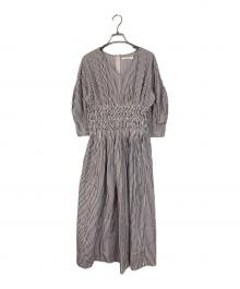 ne quittez pas（ヌキテパ）の古着「Cotton Poplin Wave Tuck Dress コットンドレスワンピース　ストライプ」｜グレー×ピンク