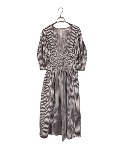 ne quittez pas（ヌキテパ）ne quittez pas (ヌキテパ) Cotton Poplin Wave Tuck Dress コットンドレスワンピース　ストライプ グレー×ピンク サイズ:Sの古着・服飾アイテム