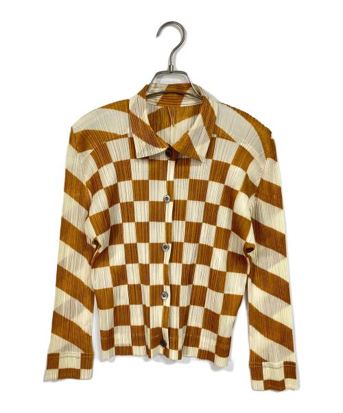 PLEATS PLEASE（プリーツプリーズ）PLEATS PLEASE (プリーツプリーズ) チェックロングスリーブプリーツシャツ　日本製 オレンジ サイズ:3の古着・服飾アイテム