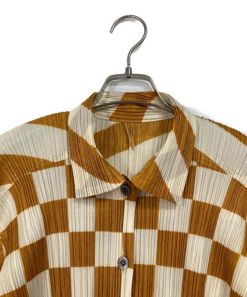 PLEATS PLEASE（プリーツプリーズ）PLEATS PLEASE (プリーツプリーズ) チェックロングスリーブプリーツシャツ　日本製 オレンジ サイズ:3の古着・服飾アイテム