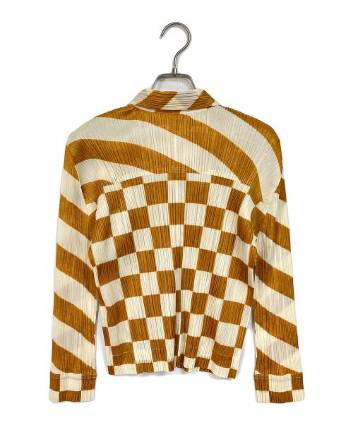 PLEATS PLEASE（プリーツプリーズ）PLEATS PLEASE (プリーツプリーズ) チェックロングスリーブプリーツシャツ　日本製 オレンジ サイズ:3の古着・服飾アイテム