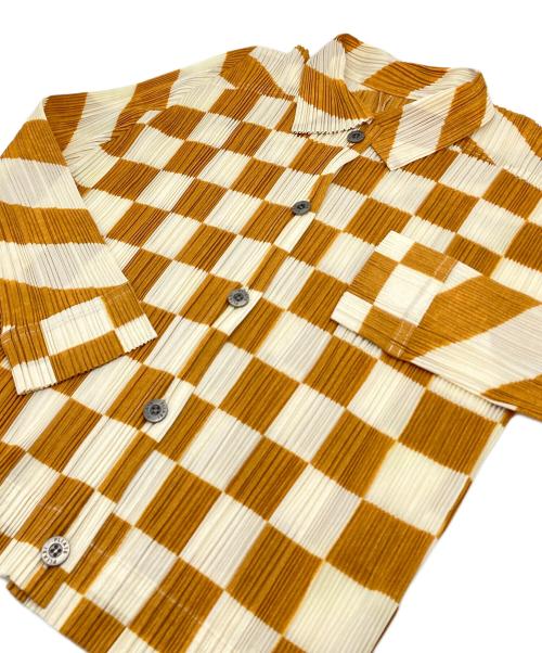PLEATS PLEASE（プリーツプリーズ）PLEATS PLEASE (プリーツプリーズ) チェックロングスリーブプリーツシャツ　日本製 オレンジ サイズ:3の古着・服飾アイテム