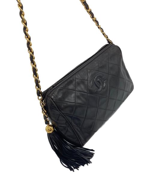 CHANEL（シャネル）CHANEL (シャネル) ココマーク フリンジチェーンラムスキンショルダーバッグ　オールド　イタリア製 ブラック サイズ:実寸参照の古着・服飾アイテム