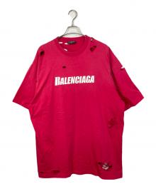 BALENCIAGA（バレンシアガ）の古着「デストロイ加工ロゴプリントTシャツ　オーバーサイズ　ビッグシルエット」｜ピンク