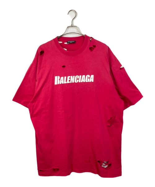 BALENCIAGA（バレンシアガ）BALENCIAGA (バレンシアガ) デストロイ加工ロゴプリントTシャツ　オーバーサイズ　ビッグシルエット ピンク サイズ:Mの古着・服飾アイテム