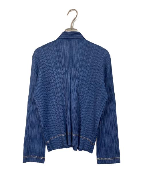 PLEATS PLEASE（プリーツプリーズ）PLEATS PLEASE (プリーツプリーズ) デニム転写プリントカーディガン　日本製 ブルー サイズ:3（実寸参照）の古着・服飾アイテム