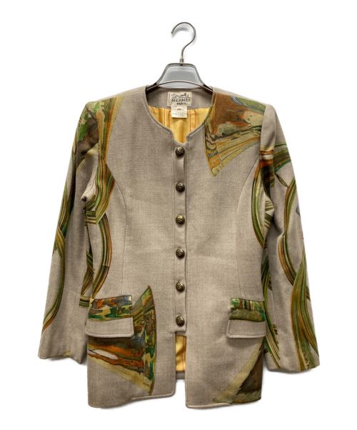 HERMES（エルメス）HERMES (エルメス) 総柄カシミア混ノーカラージャケット ベージュ サイズ:38の古着・服飾アイテム