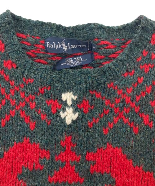 RALPH LAUREN（ラルフローレン）RALPH LAUREN (ラルフローレン) クルーネックハンドニット レッド×グリーン サイズ:Mの古着・服飾アイテム