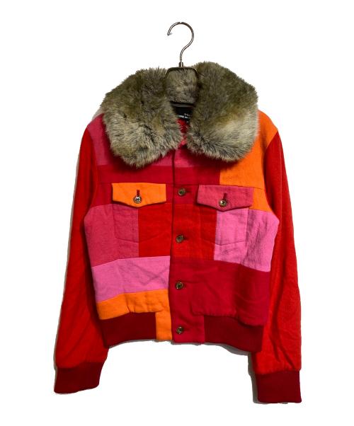 tricot COMME des GARCONS（トリココムデギャルソン）tricot COMME des GARCONS (トリココムデギャルソン) ファーカラーパッチワークジャケット レッド×ピンク サイズ:Mの古着・服飾アイテム