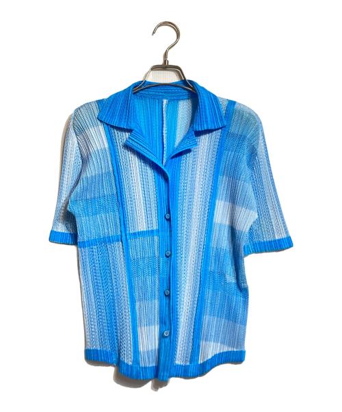 PLEATS PLEASE（プリーツプリーズ）PLEATS PLEASE (プリーツプリーズ) オープンカラーメッシュプリーツシャツ ブルー サイズ:3の古着・服飾アイテム