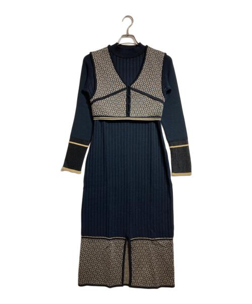 PUBLIC TOKYO（パブリックトウキョウ）PUBLIC TOKYO (パブリックトウキョウ) ベストレイヤードニットワンピース ネイビー×ブラウン サイズ:FREEの古着・服飾アイテム