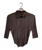 PLEATS PLEASEプリーツプリーズ）の古着「7分丈プリーツシャツ」｜ブラウン