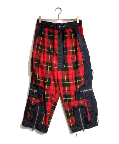 KIDILL（キディル）KIDILL (キディル) カットオフチェックボンテージパンツ レッド サイズ:44の古着・服飾アイテム