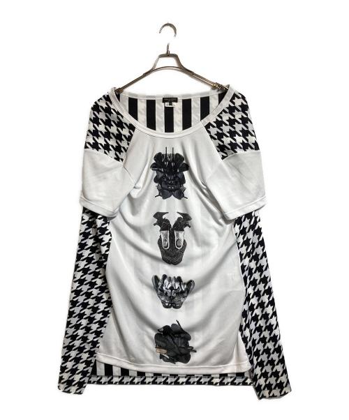 COMME des GARCONS HOMME PLUS（コムデギャルソンオムプリュス）COMME des GARCONS HOMME PLUS (コムデギャルソンオムプリュス) ハウンドトゥース切替ロングTシャツ ホワイト×ブラック サイズ:Ｓの古着・服飾アイテム