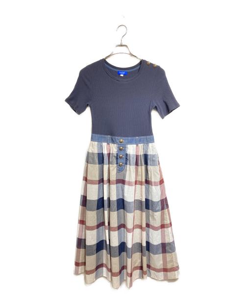 BLUE LABEL CRESTBRIDGE（ブルーレーベルクレストブリッジ）BLUE LABEL CRESTBRIDGE (ブルーレーベルクレストブリッジ) ストレッチテレココンビワンピース ブラック×ブルー サイズ:38の古着・服飾アイテム