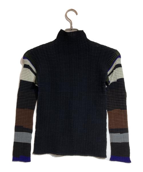 ISSEY MIYAKE PLEATS (T.)（イッセイミヤケ プリーツ）ISSEY MIYAKE PLEATS (T.) (イッセイミヤケ プリーツ) ハイネックプリーツカットソー ブラウン×ブラック サイズ:Mの古着・服飾アイテム