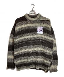 RAF SIMONS（ラフシモンズ）の古着「Striped Roundneck Sweater With Polaroids/ストライプドラウンドネックセーターウィズポラロイズ」｜ブラウン