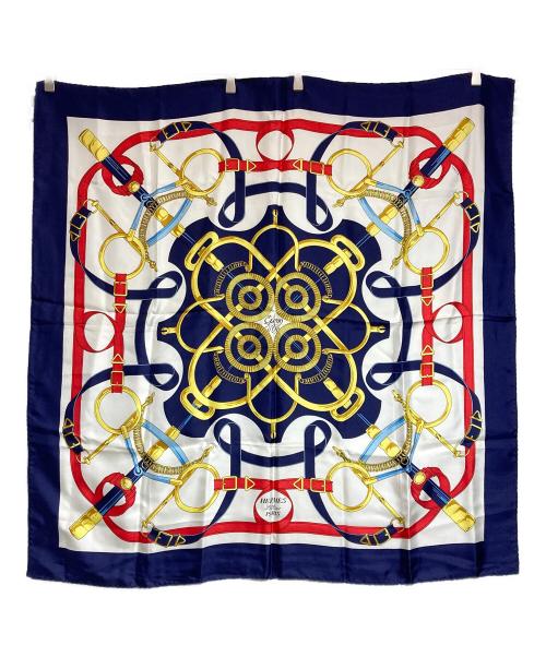 HERMES（エルメス）HERMES (エルメス) シルクスカーフ/Eperon d'Or/黄金の拍車 ネイビー×ベージュの古着・服飾アイテム