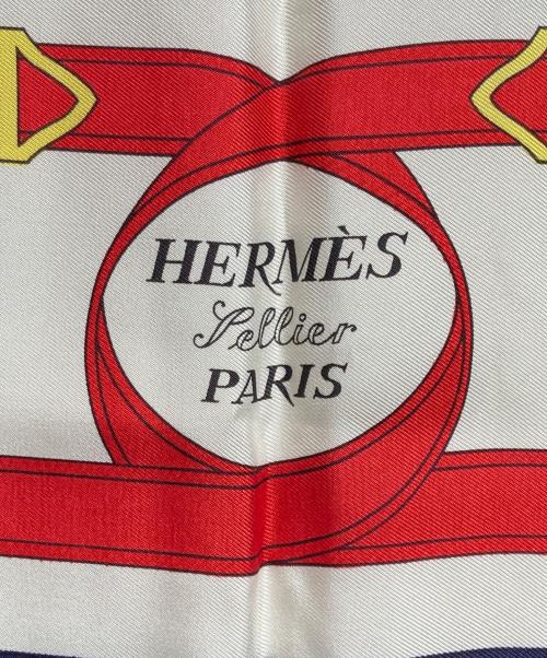 HERMES（エルメス）HERMES (エルメス) シルクスカーフ/Eperon d'Or/黄金の拍車 ネイビー×ベージュの古着・服飾アイテム