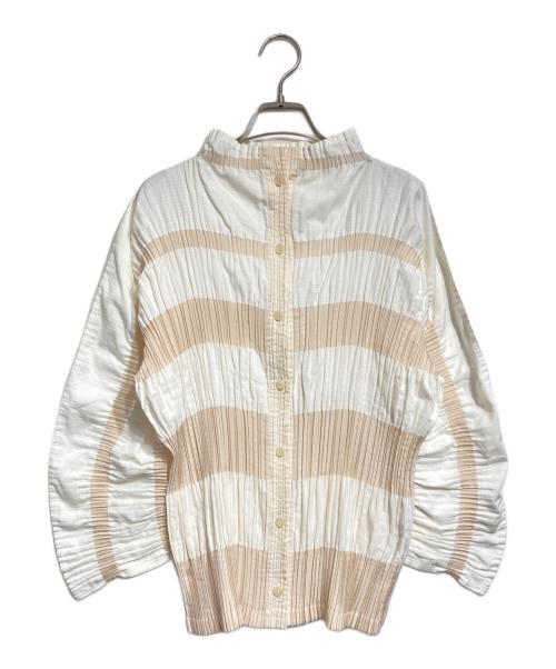 ISSEY MIYAKE（イッセイミヤケ）ISSEY MIYAKE (イッセイミヤケ) ラッフルボーダープリーツブラウス ベージュ サイズ:2の古着・服飾アイテム