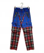 KIDILLキディル）の古着「DOUBLE PANEL ZIP&STRAPS TARTAN PANTS KIDILL」｜レッド×ブルー
