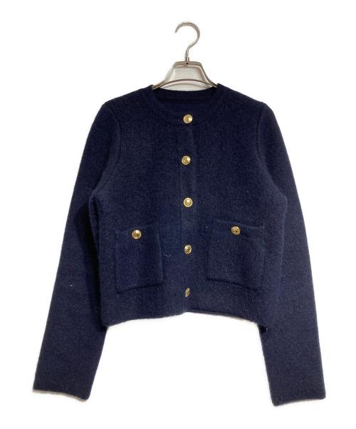anuans（アニュアンス）anuans (アニュアンス) Cashmere Blend No-Collar Knit Jacket /カシミヤブレンドノーカラーニットジャケット ネイビー サイズ:Ｆの古着・服飾アイテム
