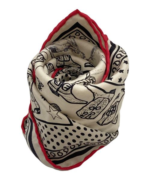 HERMES（エルメス）HERMES (エルメス) カレ55 シルクスカーフ/Carré 55 Silk Scarf ベージュ×レッドの古着・服飾アイテム